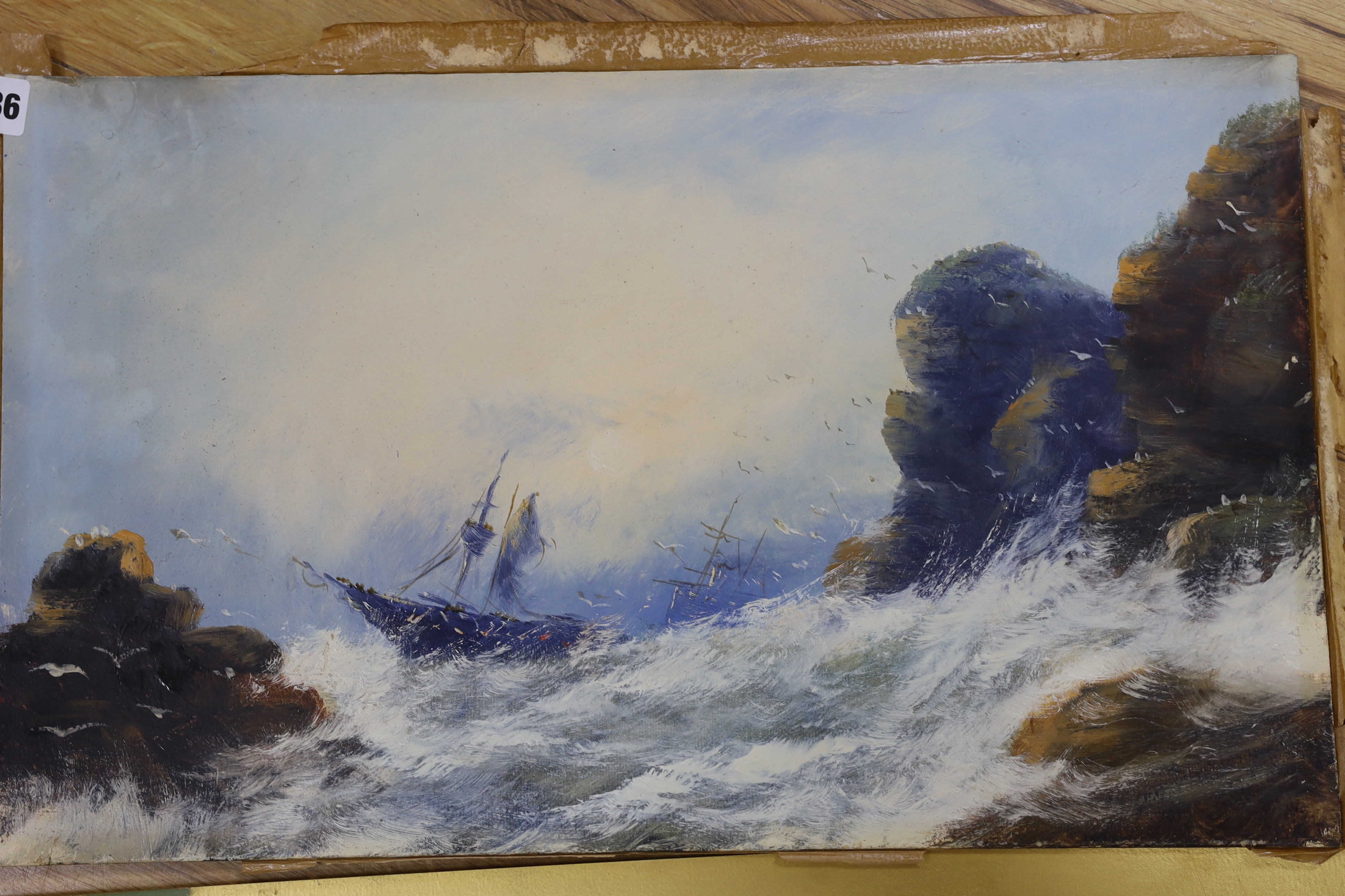 20th century School, pair of oils on card, Ships at sea and shipwreck scene, unsigned, unframed, each 30 x 50cm